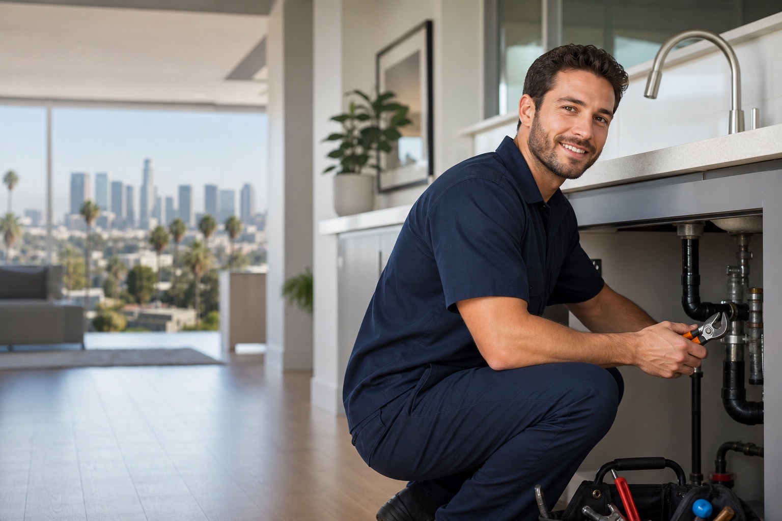 Professional plumber in a Los Angeles home